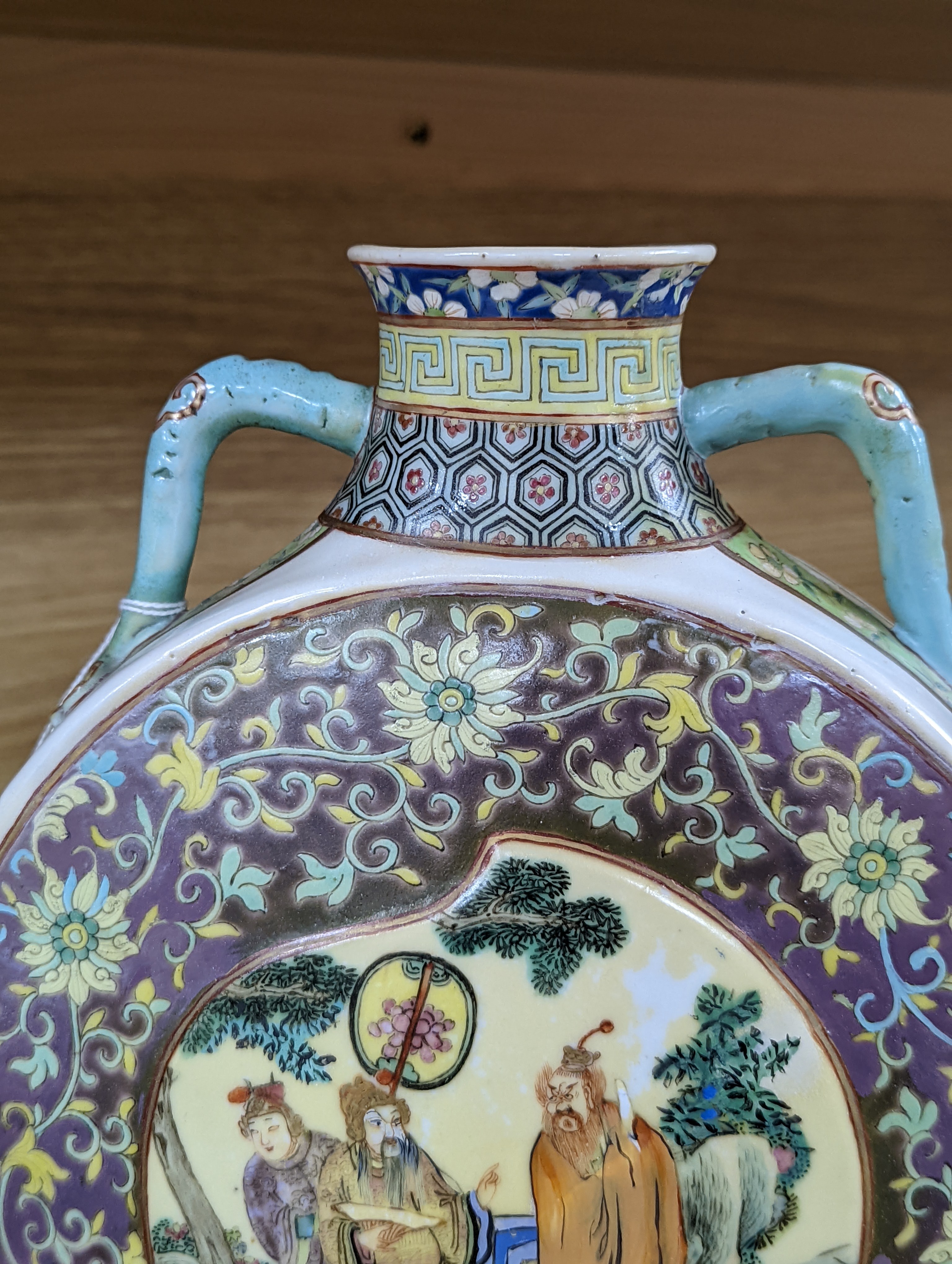 A Chinese famille rose moon flask, 19th century, restored 27cm